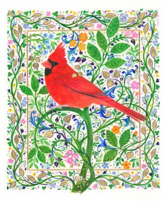 Cardinal Perched on Floral Branches