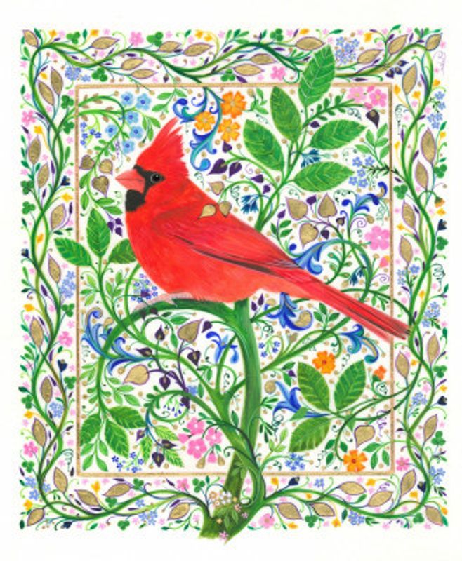 Cardinal Perched on Floral Branches