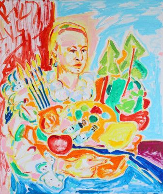 Self portrait after Caravaggio, Boy with a Basket of Fruit, Tamara Jare, oil on canvas, 2025