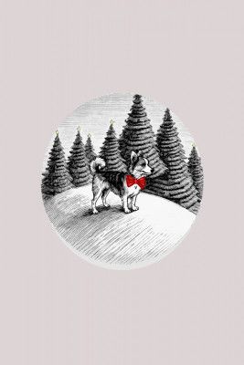 Winter Scenes: Holiday Dog In Snow With Yellow Lit Trees and Red Bow 3