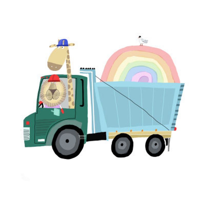 Lion &amp; Giraffe in Construction Truck with Rainbow