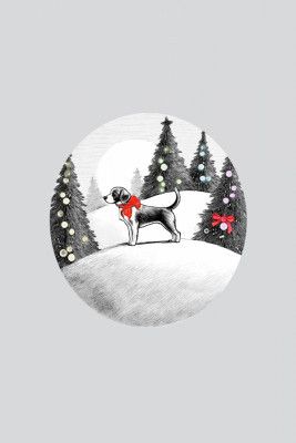 Winter Scenes: Holiday Dog In Snow With Red B Ow On Neck and Decorated Christmas Trees 1