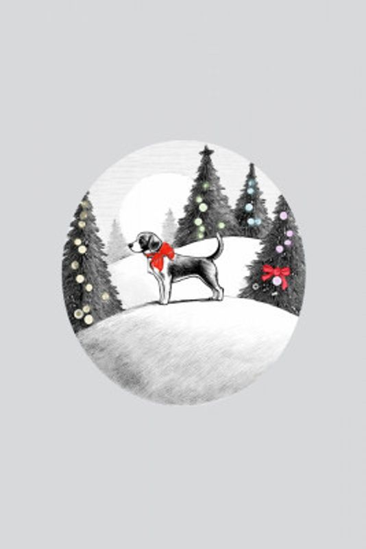 Winter Scenes: Holiday Dog In Snow With Red B Ow On Neck and Decorated Christmas Trees 1
