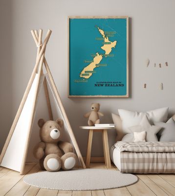 Vintage Illustrated Map Of New Zealand