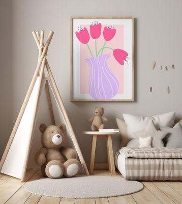 Vibrant Tulips in a Striped Lavender Vase