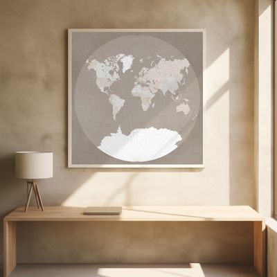 The world map in a circle, muted brown