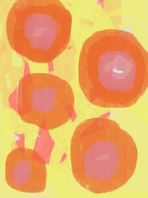 Abstract Painting. Boho roses in orange and pink on yellow.