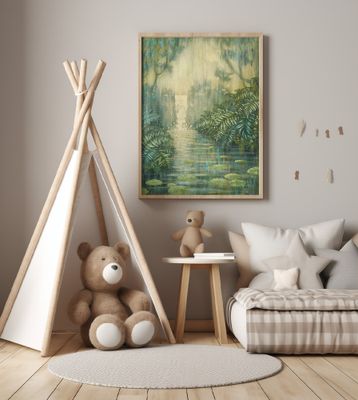 Waterfall Among Green Ferns