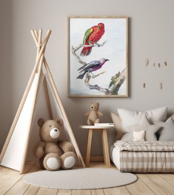 Two Birds, Including a Red Green Parrot