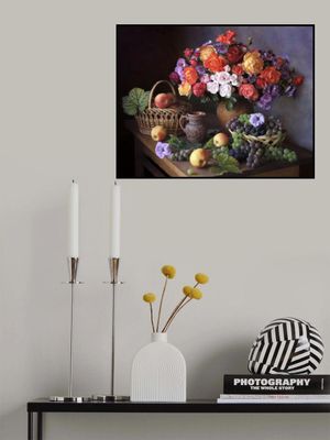 Still life with autumn bouquet and fruits
