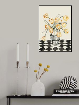 Orange Tulips In a Vase with Checkered Diamonds