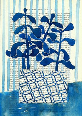 Denim blue patterned vase watercolor