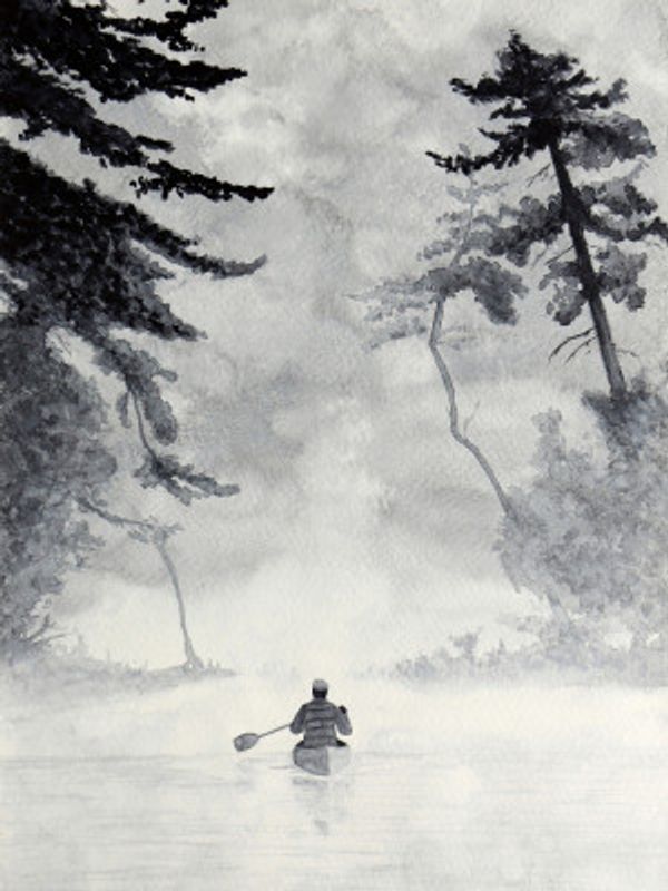 Man In a Canoe On Misty Water In a Forest Landscape
