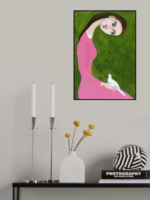 Girl with Dove sitting with pink dress