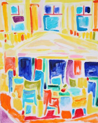 Street Bistro With Colorful Chairs, Tamara Jare , oil on canvas
