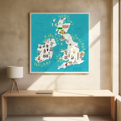 Map of UK and Ireland with Country Icons by Artist Carla Daly