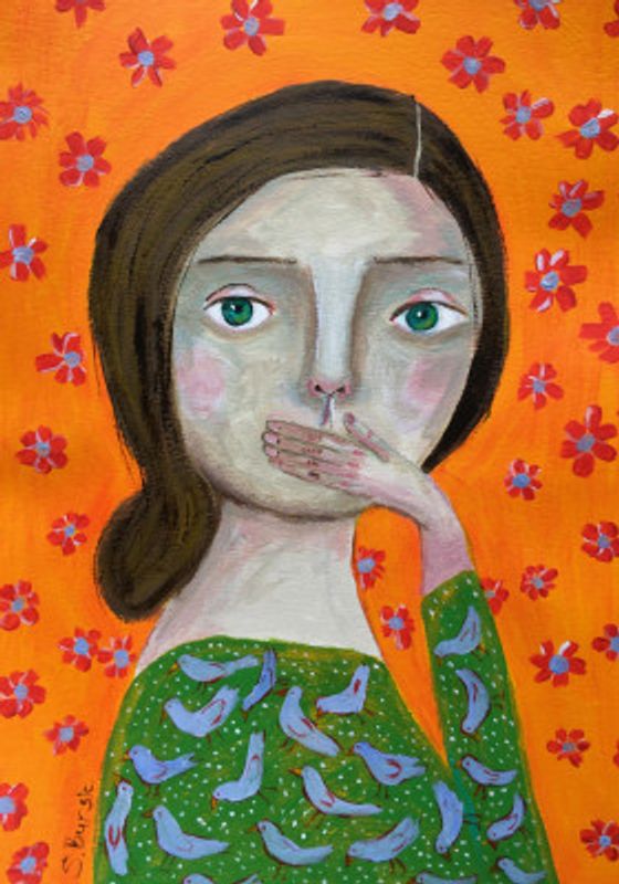 Speak no Evil Lady with hand over mouth.