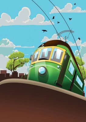 Green Tram On A Sunny Day