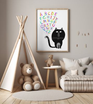 Cute Black Cat with Alphabet Letters by Carla Daly