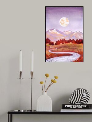 Full Moon Purple Orange Mountain and River Landscape