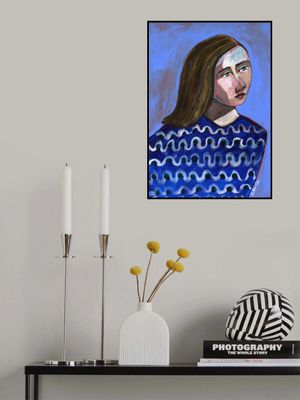 Woman in Blue Sweater Naive Portrait Figurative