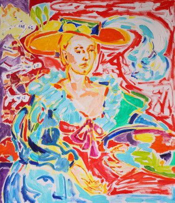 Self Portrait with Hrastovlje Dance Macabre after Self-portrait in a Straw Hat by Elisabeth Vignée Le Brun, Tamara Jare, oil on canvas, 2024