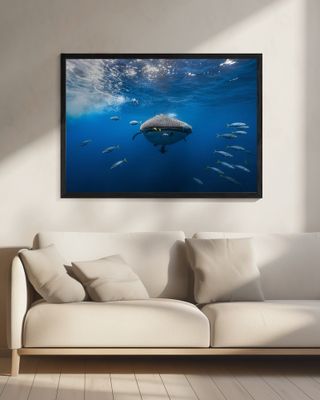 Whale shark escorted by a school of bonito