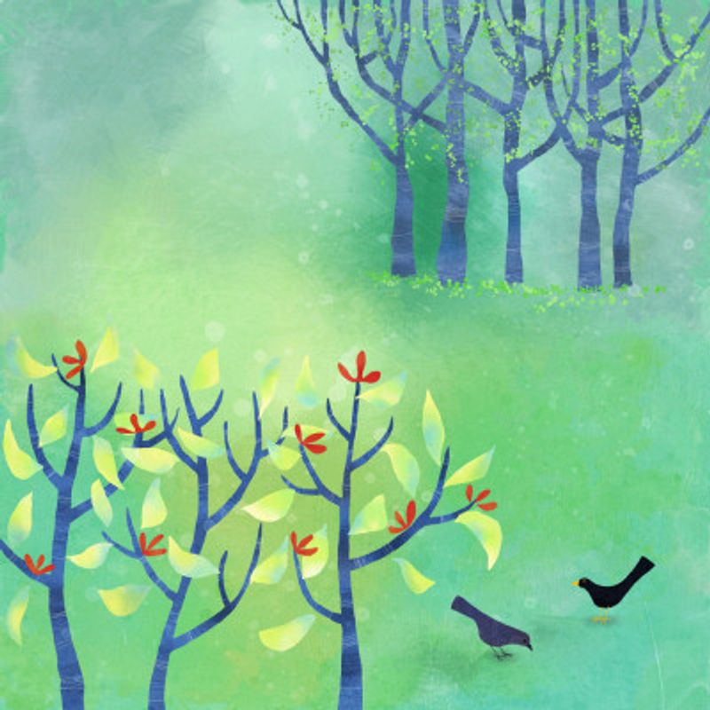 Green Landscape With Birds And Trees