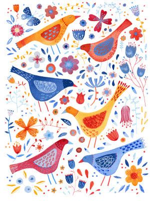 Birds In A Garden Of Flowers Red Yellow Blue