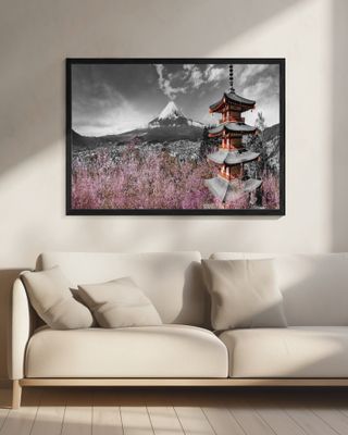 Idyllic panoramic view of Mount Fuji with Pagoda and Cherry Trees - colorkey