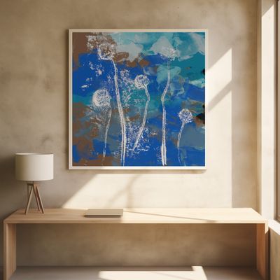 Abstract Flowers. White clovers on blue, turquoise, brown.