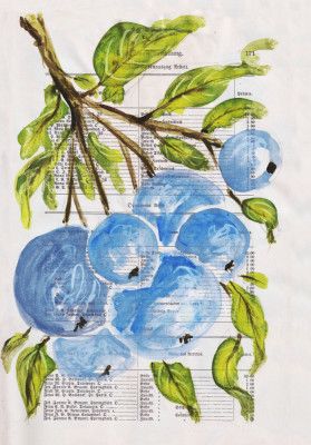 Branch with blue berries Nature study with watercolors
