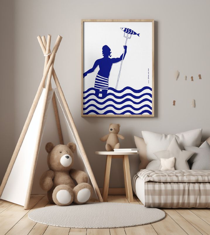 Modern Greek God Poseidon, Nautical Beach Art Print With Man Fishing In The Sea