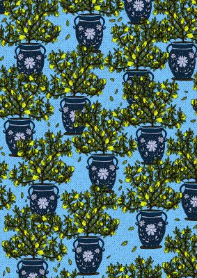 Lemon Trees in Ornate Blue Vases