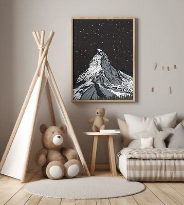 Snowy Mountain Under a Starry Night Sky