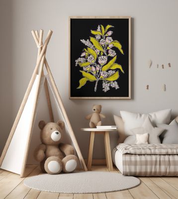 Blossoming branch with black background gouache painting