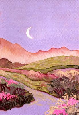 Lilac Sky and Moon Over Flowery Pink Green Fields Landscape