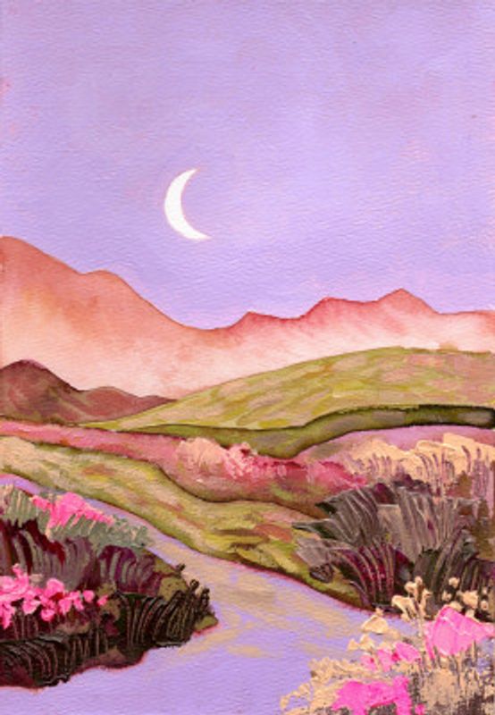 Lilac Sky and Moon Over Flowery Pink Green Fields Landscape
