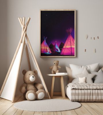Vaporwave Teepees Glowing at Night Under Stars In Marfa Texas