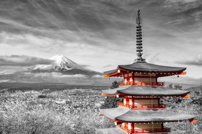 Magnificent view of Mount Fuji with Chureito Pagoda - colorkey