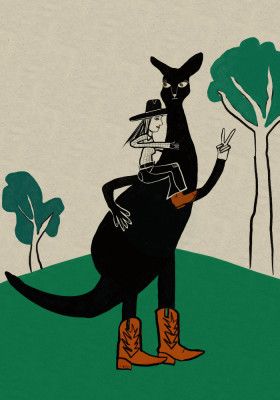 Red kangaroo with cowgirl