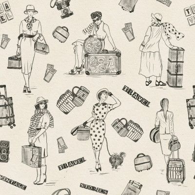 Vintage Ladies Traveling - Vintage Travel Stories - Soft Black - Pattern