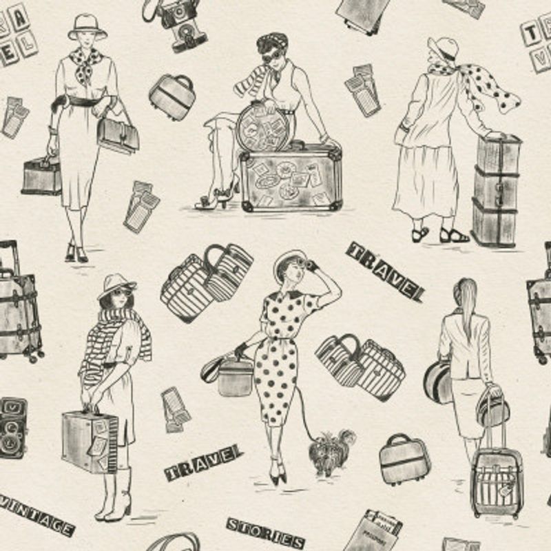 Vintage Ladies Traveling - Vintage Travel Stories - Soft Black - Pattern