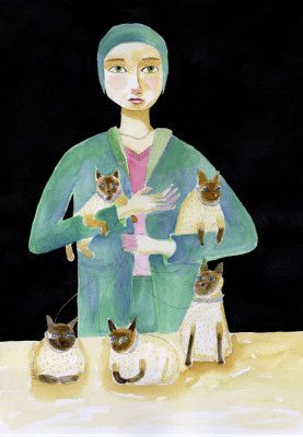 Lady with Five Siamese Cats