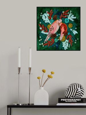 Winter birds turtle dove in green Christmas