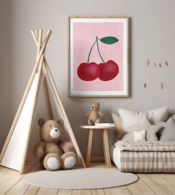 Red Cherries with a Green Leaf