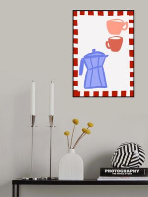 Minimalist Blue Coffee Pot and Two Pink Cups