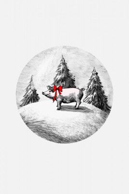 Winter Scenes: Holiday Pink Pig With Red Neck Bow Tie 2