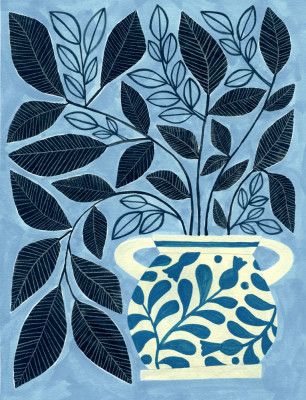 Stylized Blue Leaves In A Decorative Vase