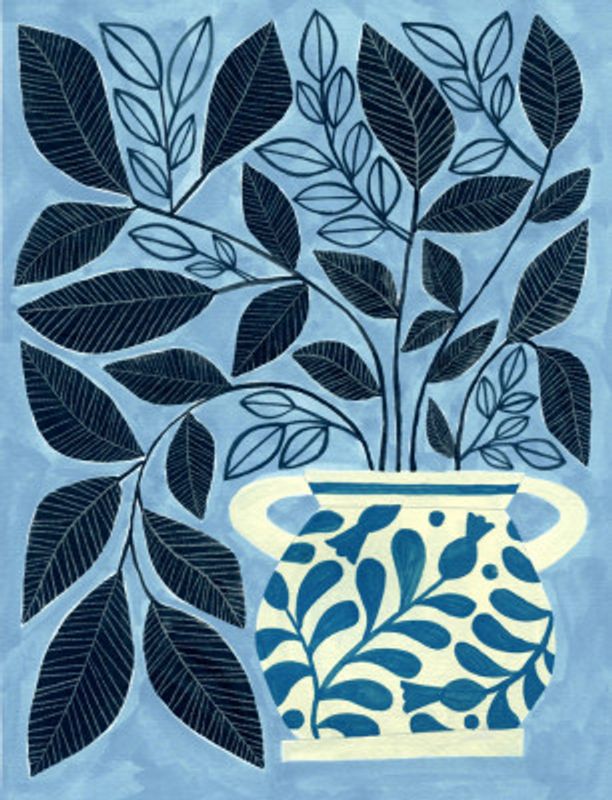 Stylized Blue Leaves In A Decorative Vase